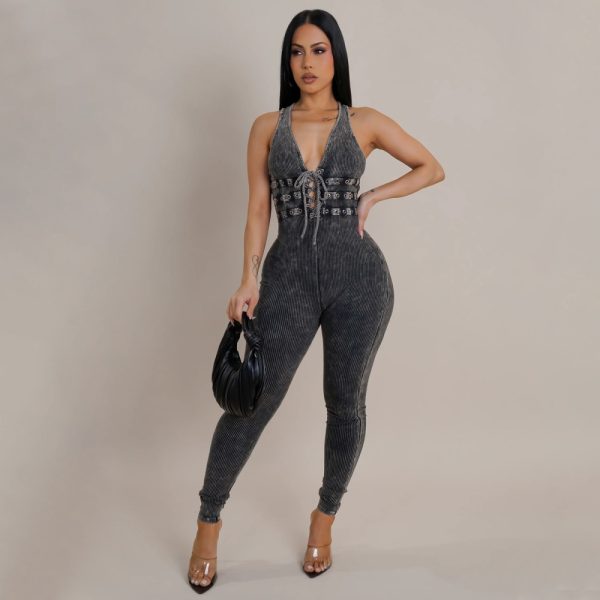 Sleeveless retro screw thread pants washed tight jumpsuit