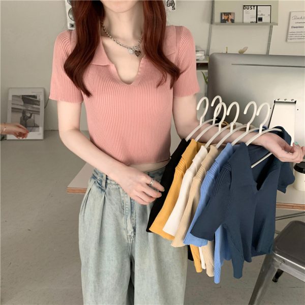Lapel short tops short sleeve sweater for women